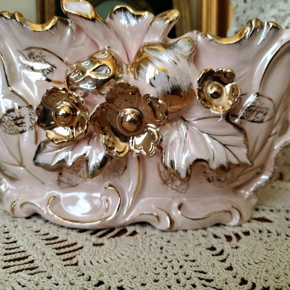 Vintage MCM Betson Pottery Hand Painted Planter & Taper Candle Holders Pink/Gold - Picture 2 of 16